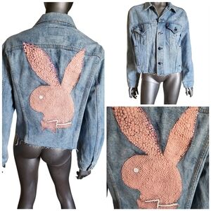 17. Levis Denim Jacket with Pink Beaded Playboy Bunny Logo - Size 44